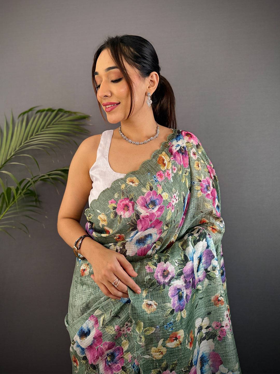 Sage Green Kota Doriya Floral Cut Work Saree