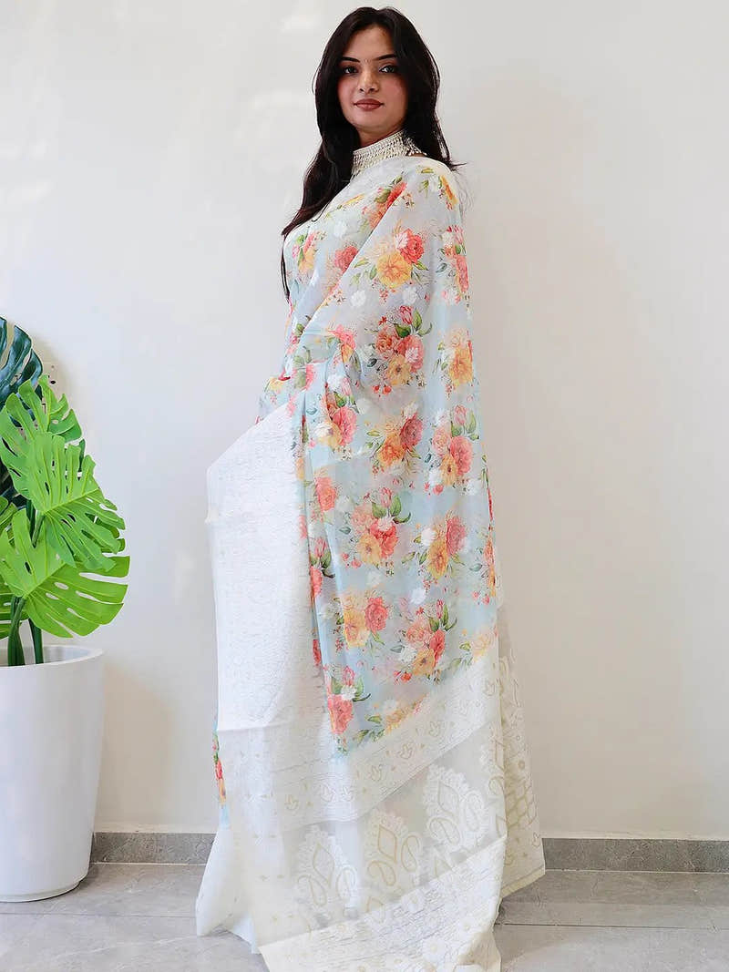 Multi Colour Digital Print Bollywood Saree in Lakhnavi Slub Pattern