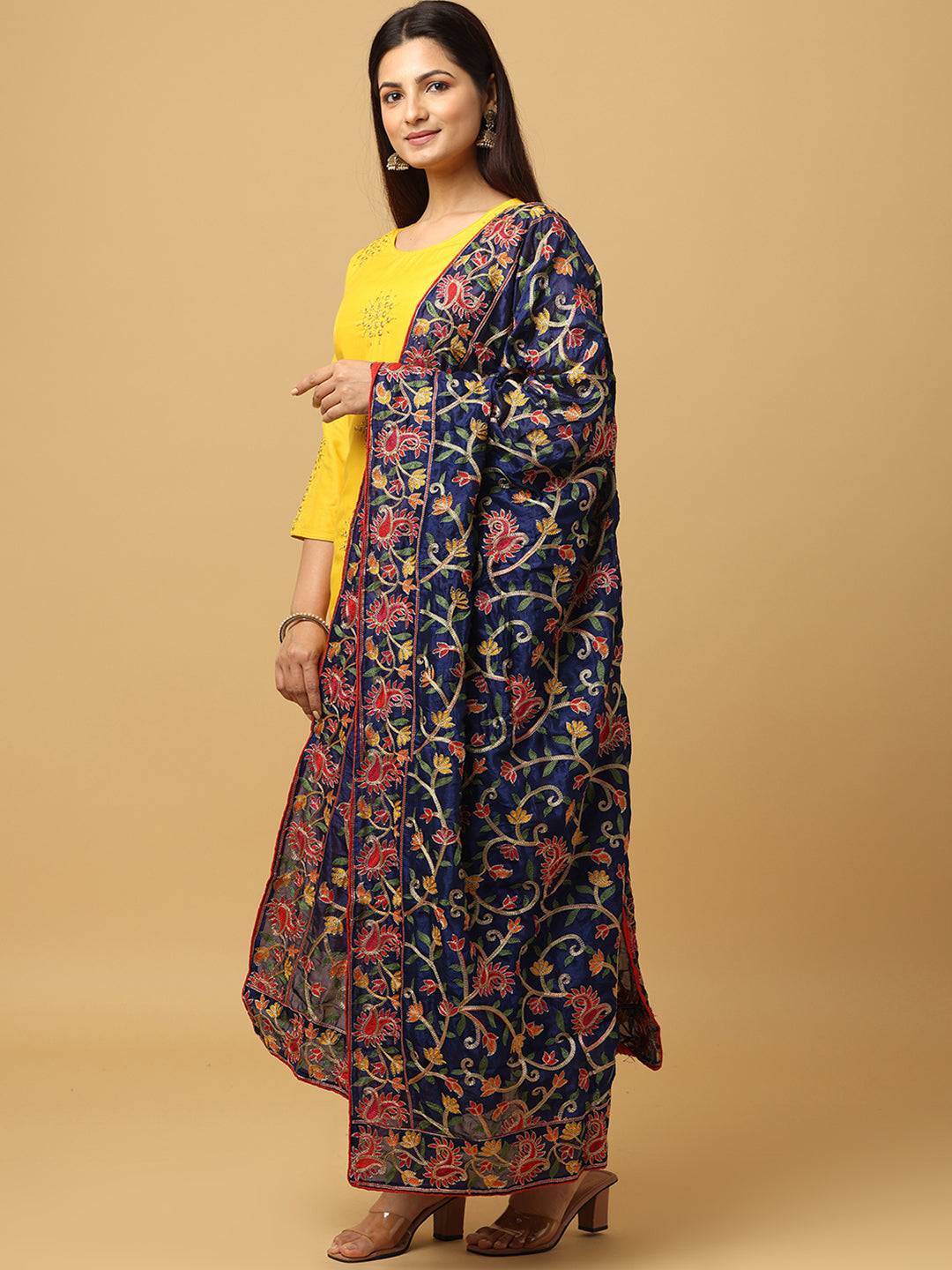 Side angle of navy poly chiffon pashmina dupatta with motifs.