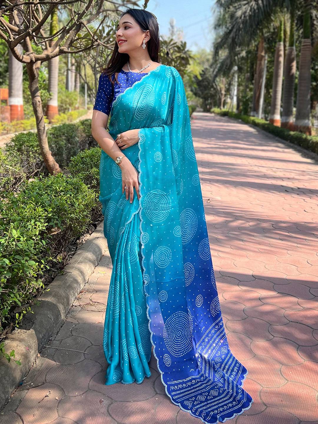 Georgette Silk Saree with Ombre Bandhej Print & Stone Work