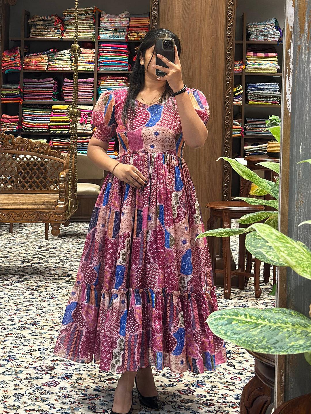 Elegant Desert Rose Patchwork Print Midi Dress display