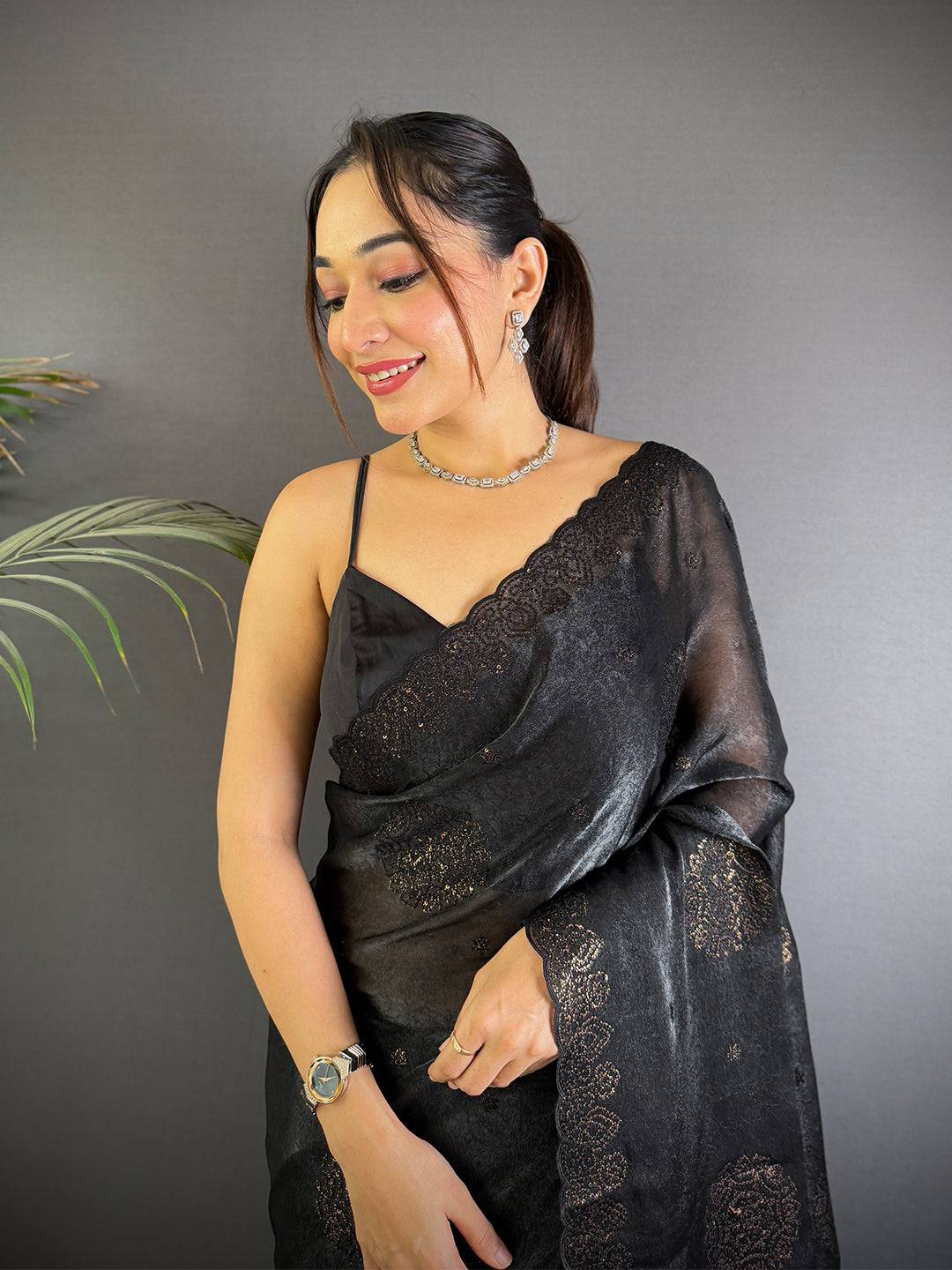 Black Art Silk Sith Embroidery Work Saree
