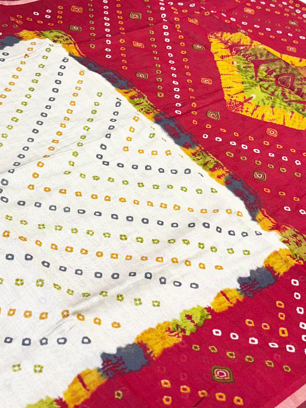 Red Mul Cotton Bandhej Print Saree