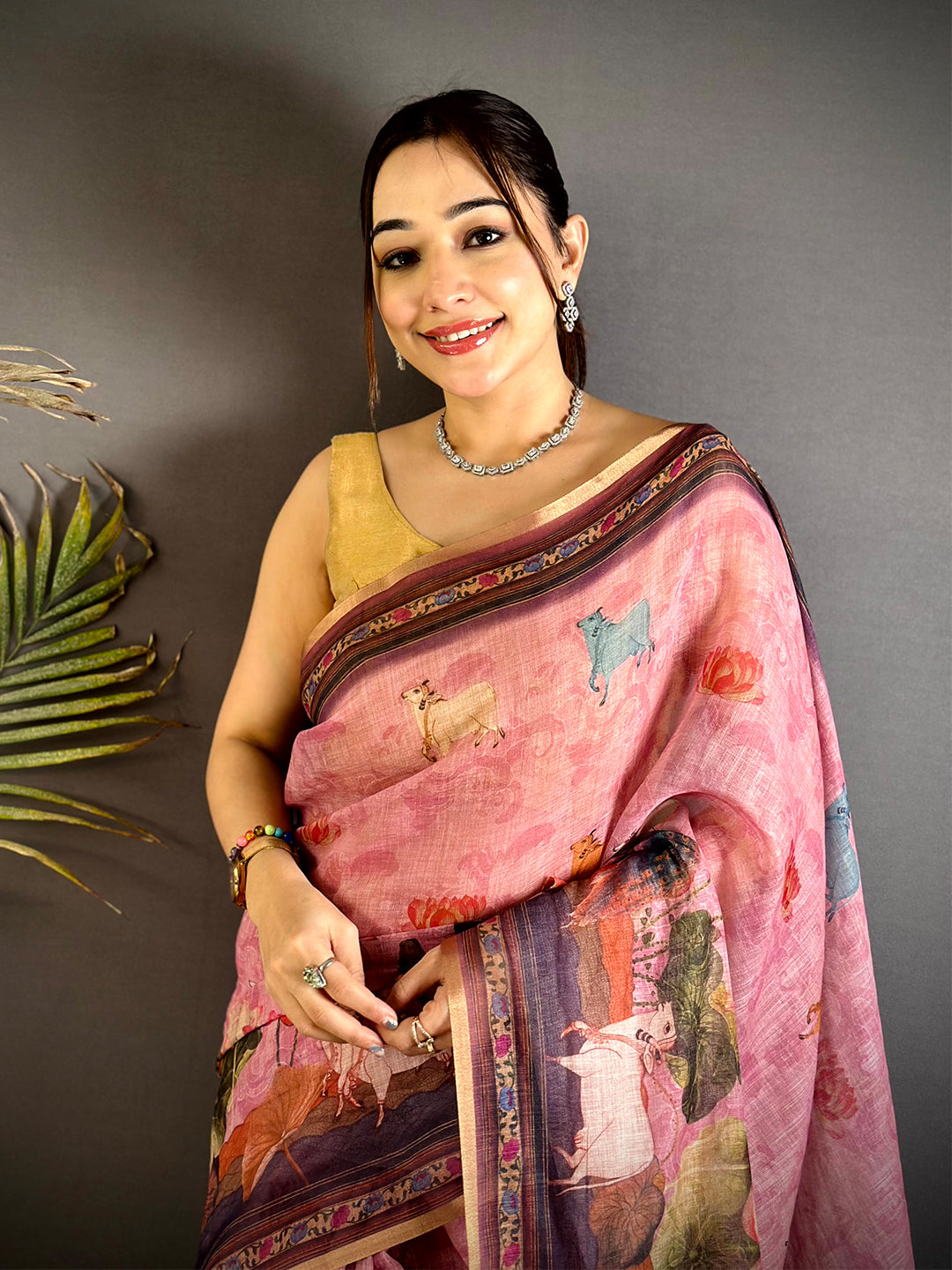 Pink Pichwai Kalamkari Linen Saree