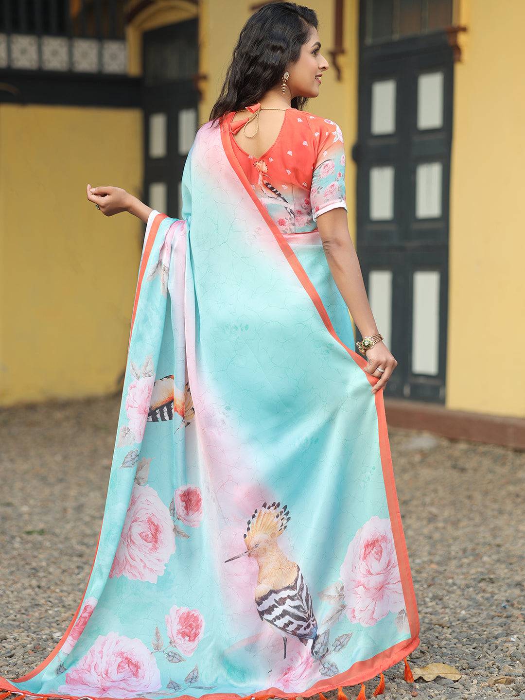 Stylish Satin Georgette Light Green Colour Hand Print Saree