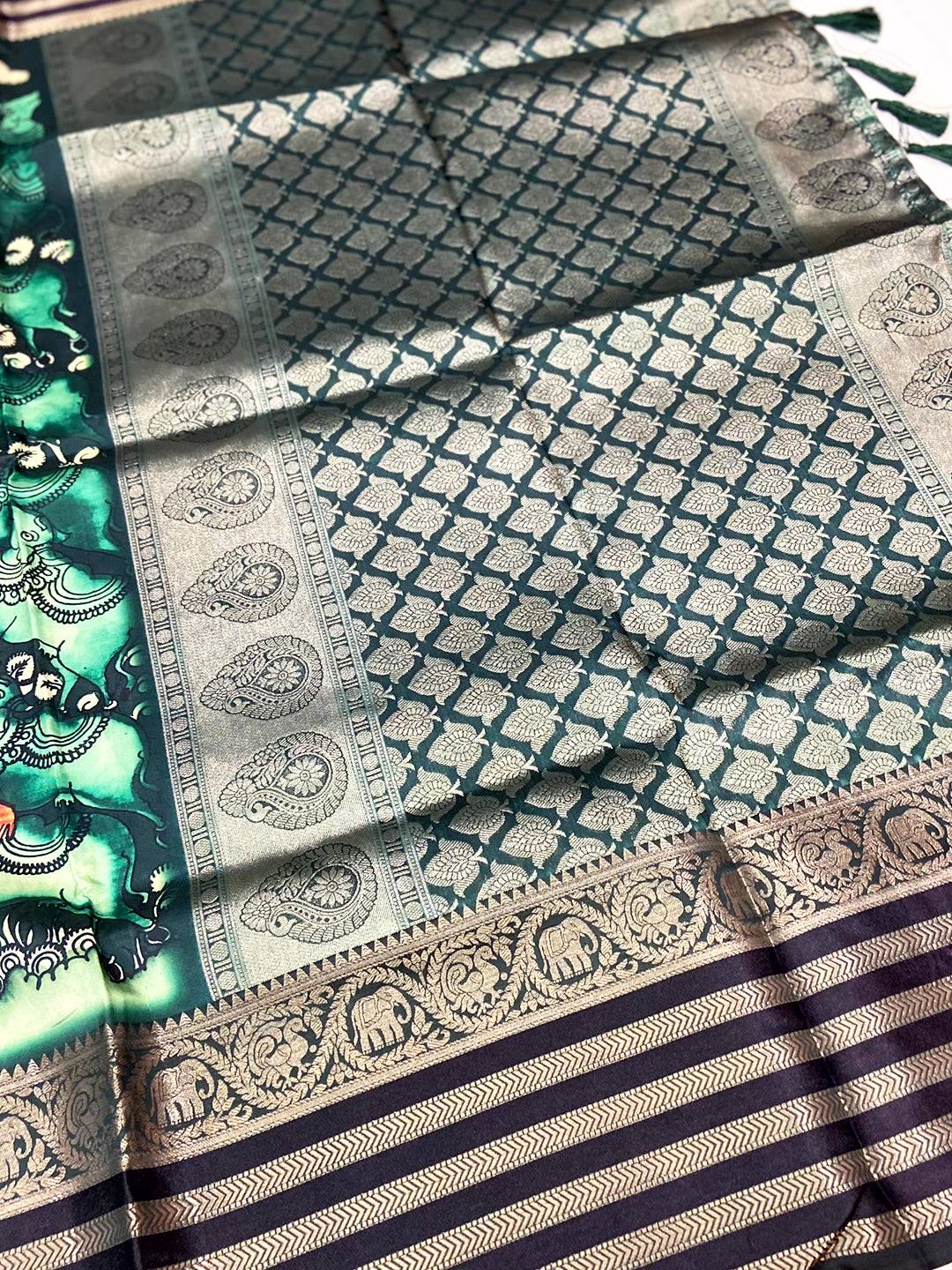 Bottle Green Kalamkari Printed Banarasi Saree