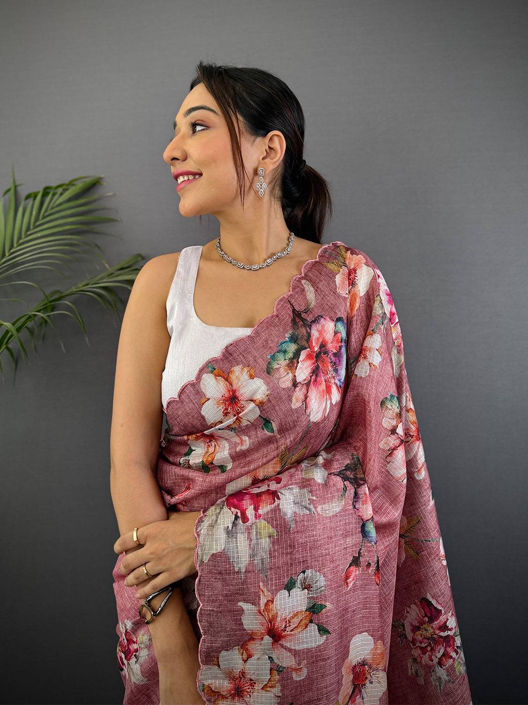 Blush Pink Kota Floral Digital Cut Work Saree