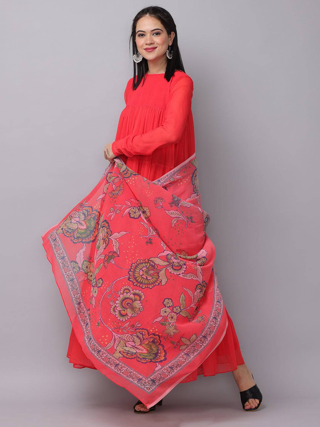 Fiery Red Churidar Sleeves Dress with floral dupatta