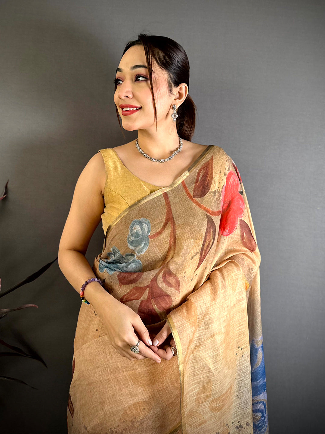 Beige Gold Zari Linen Chanderi Saree