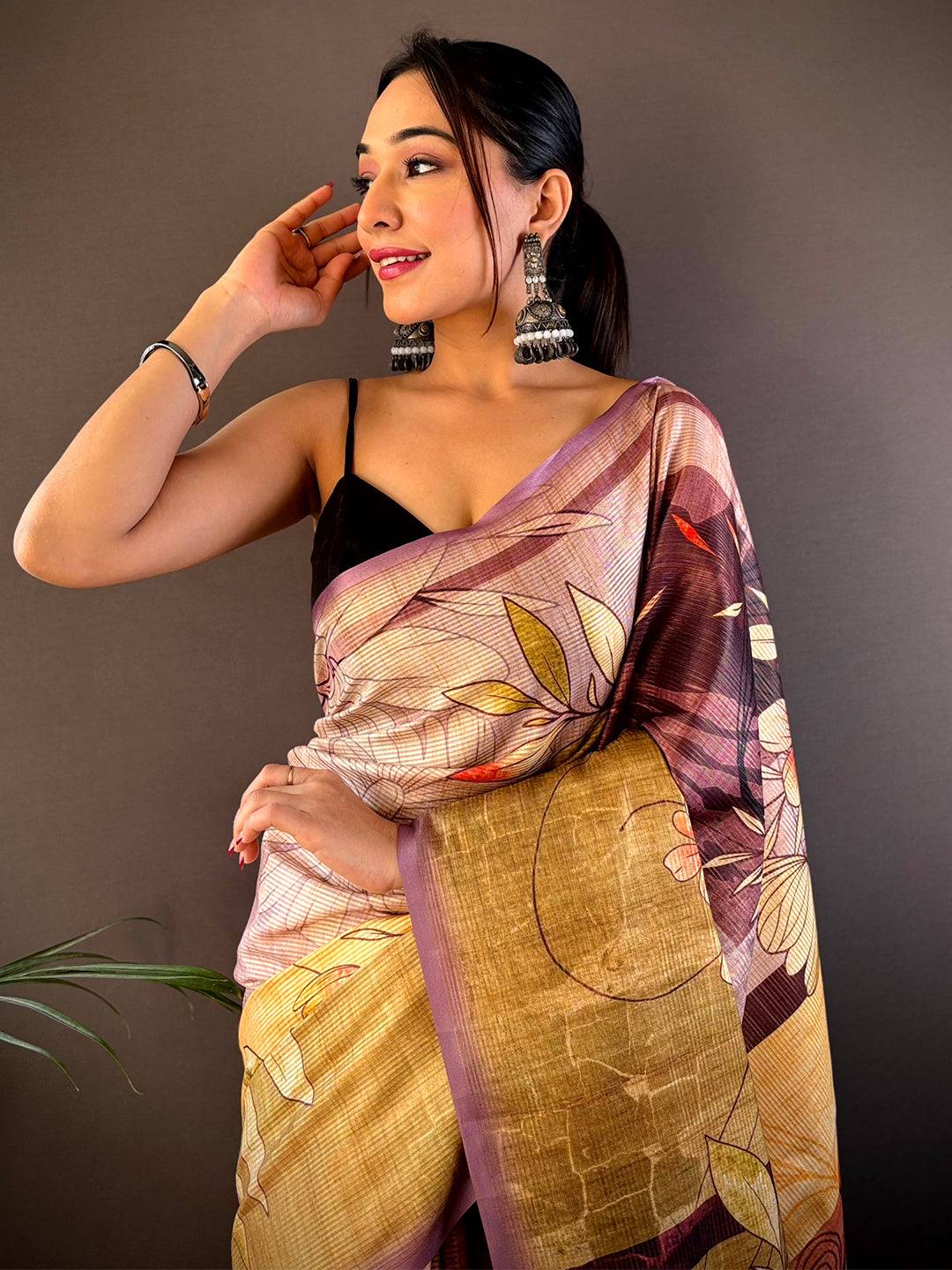 Wine Semi Zari Tussar Floral Saree with abstract flower print