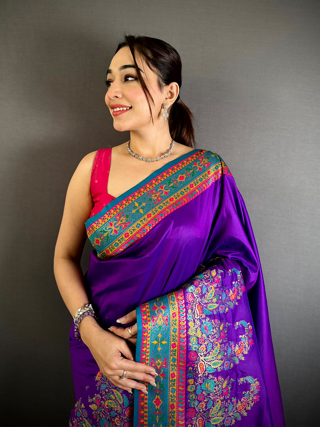 Purple Kashmiri Pashmina Semi Silk Saree