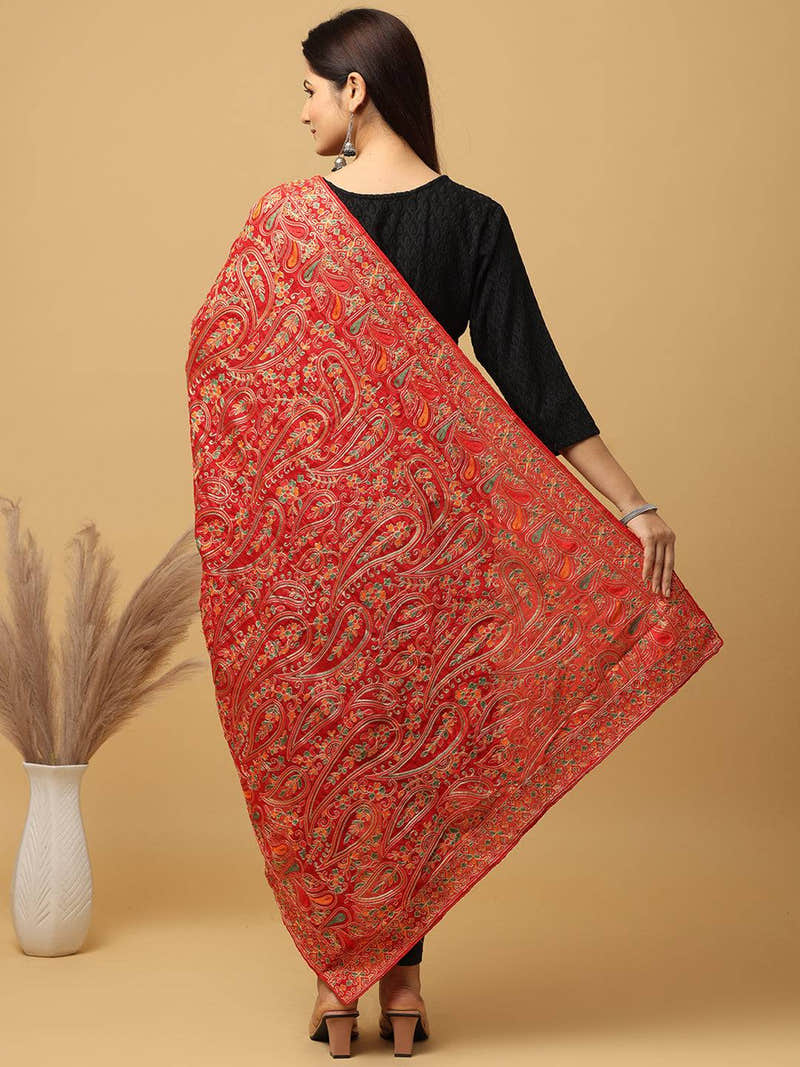Red Fine Floral Paisley Pashmina Dupatta