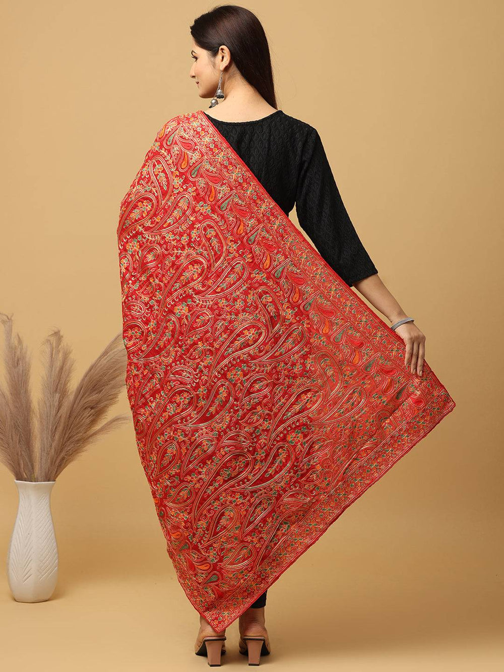 Back view of red poly chiffon pashmina dupatta with embroidery