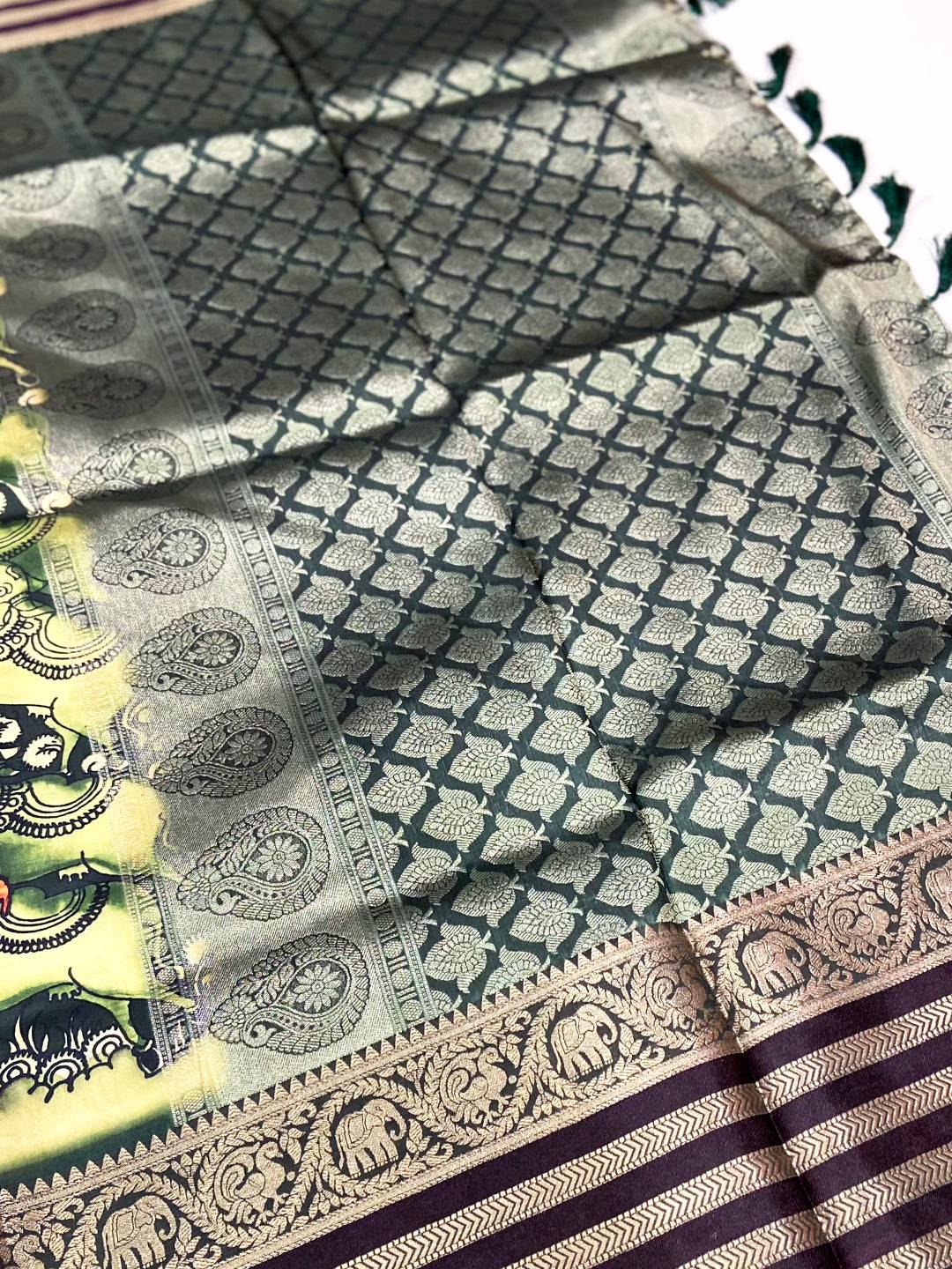 Parrot Green Kalamkari Printed Banarasi Saree
