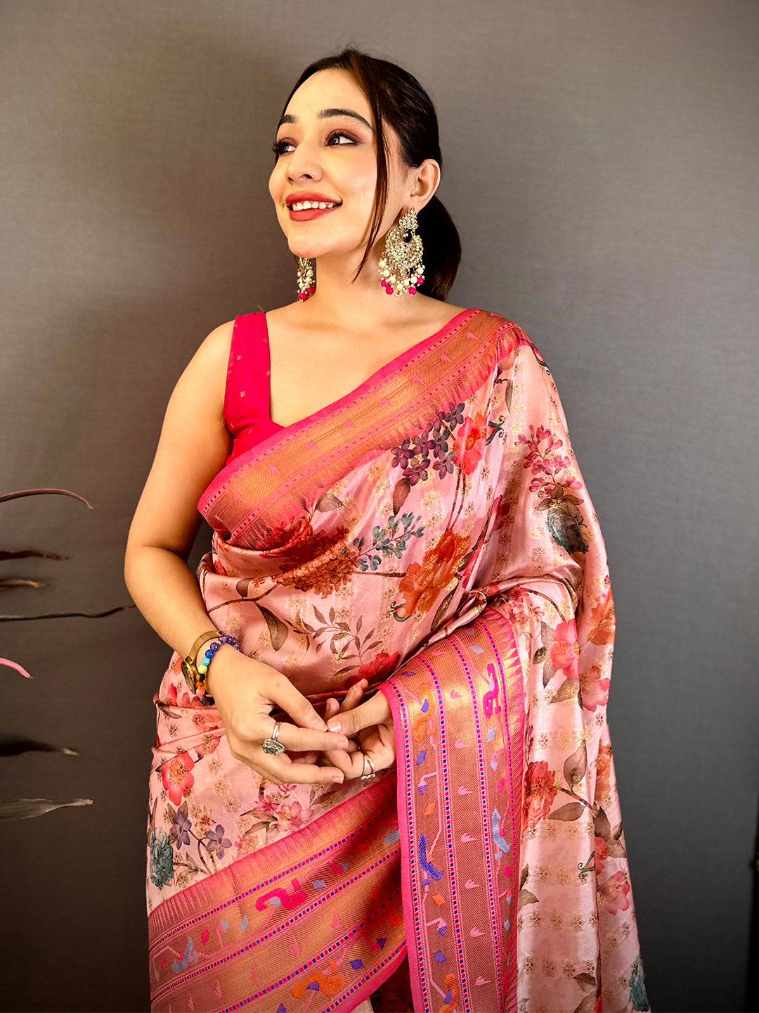 Pastel Pink Paithani Border Kora Tissue Saree