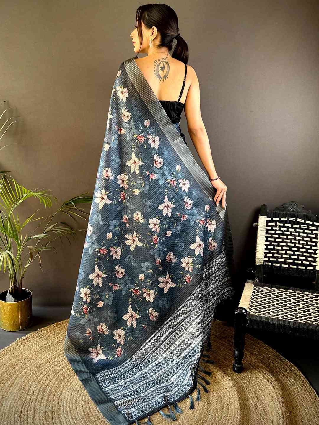 Steel Blue Tissue Chanderi Digital Check Saree