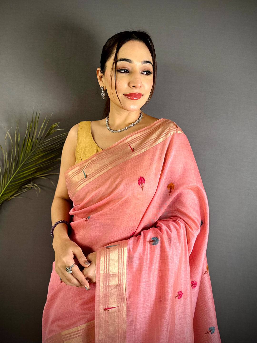 Pink Geometric Patola Khadi Linen Saree
