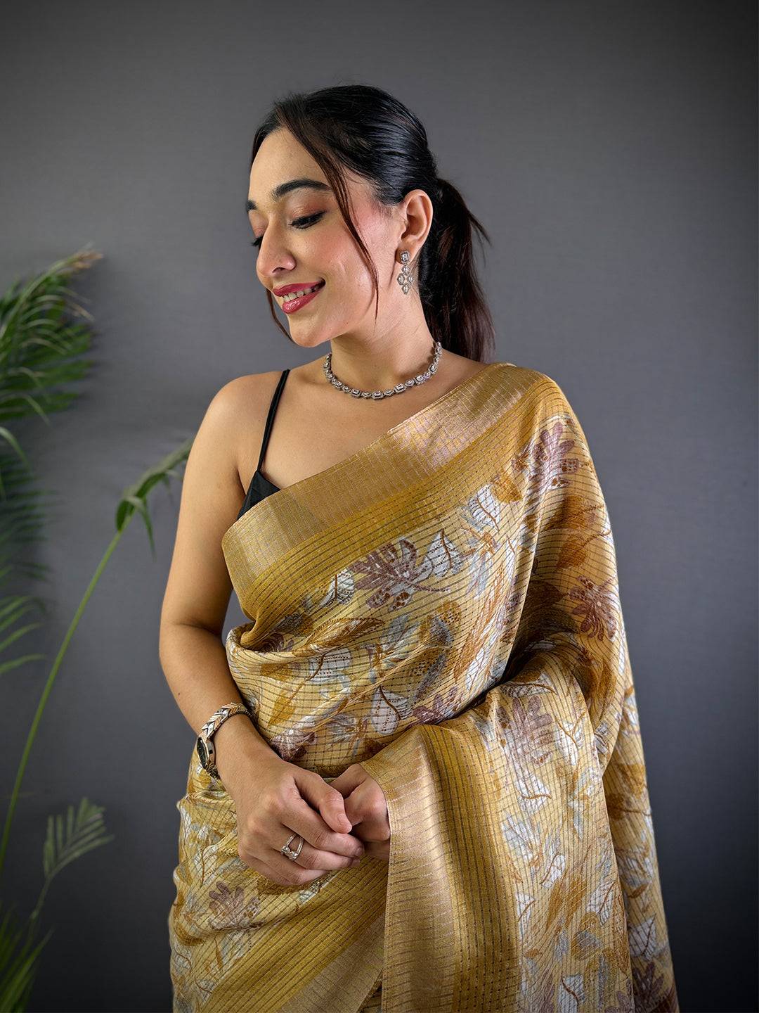 Mustard Tussar Chex Floral Print Saree