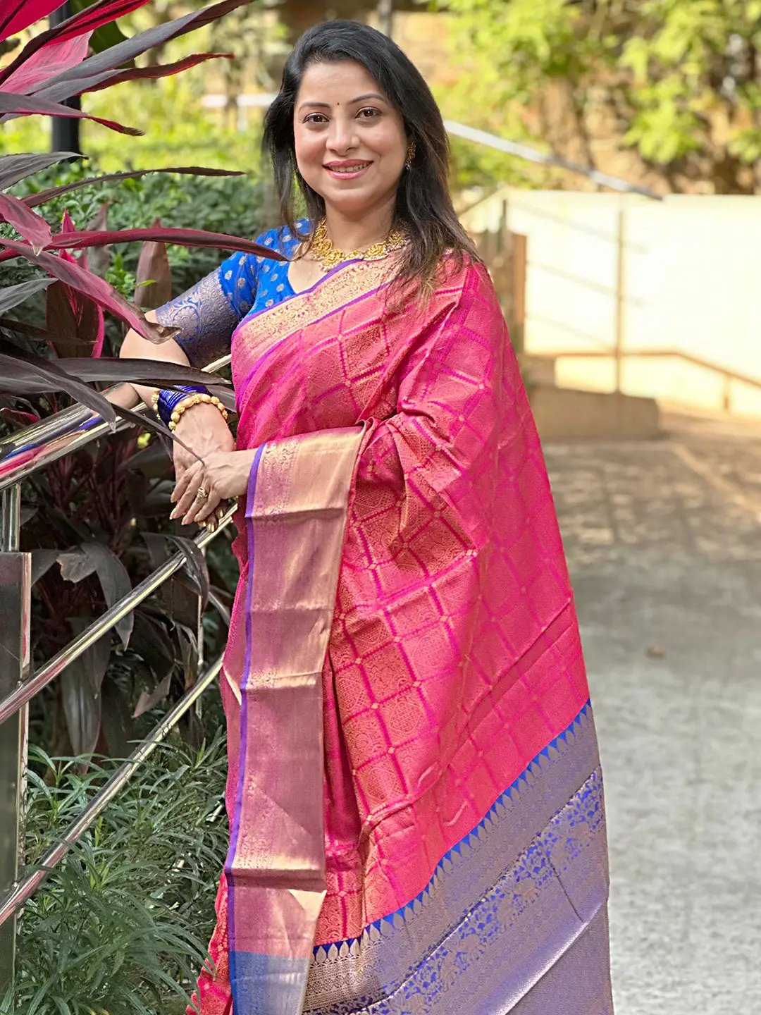 Elegant pink Kanjivaram silk saree with gold zari design