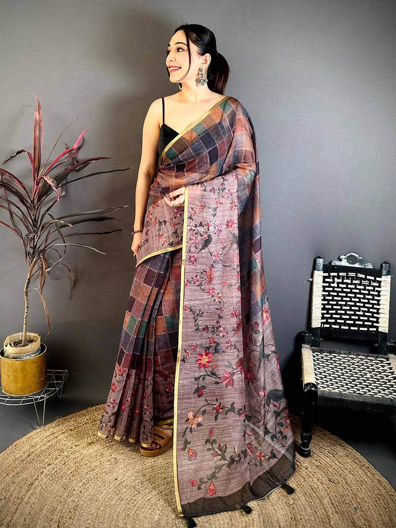Opulent Multicolour Block Print Linen Saree