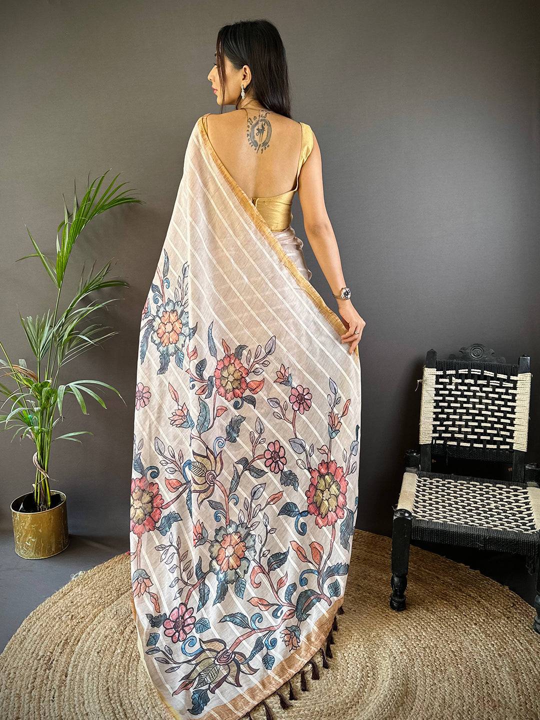 Back view of Floral Elegance Linen Chanderi Saree