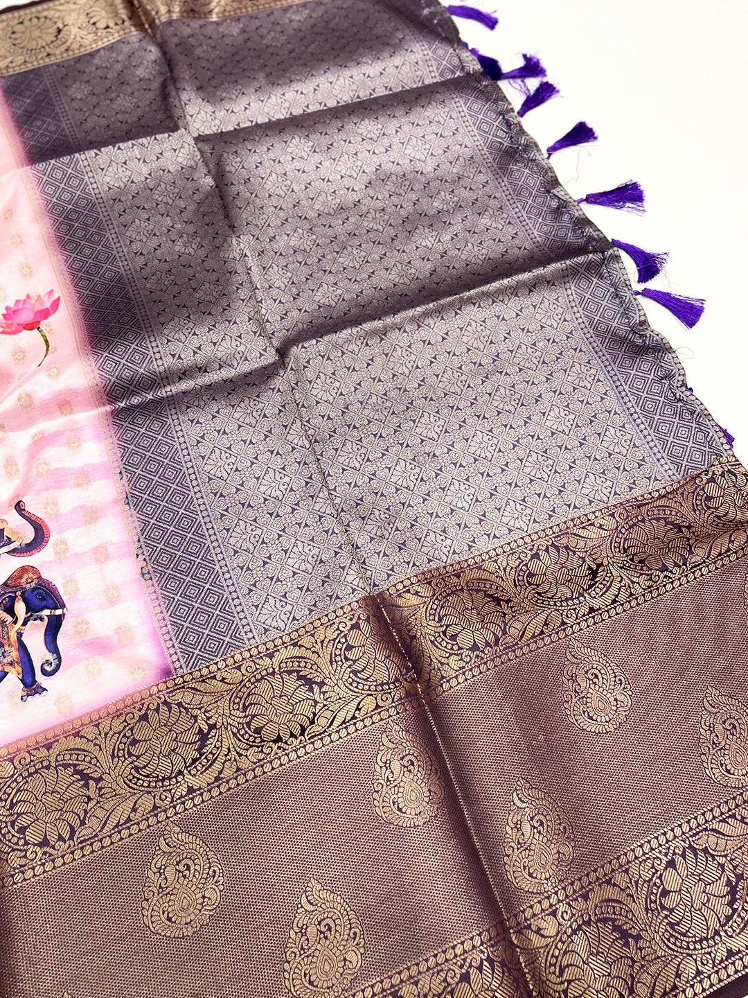 Pink Digital Elephant Motifs Banarasi Saree