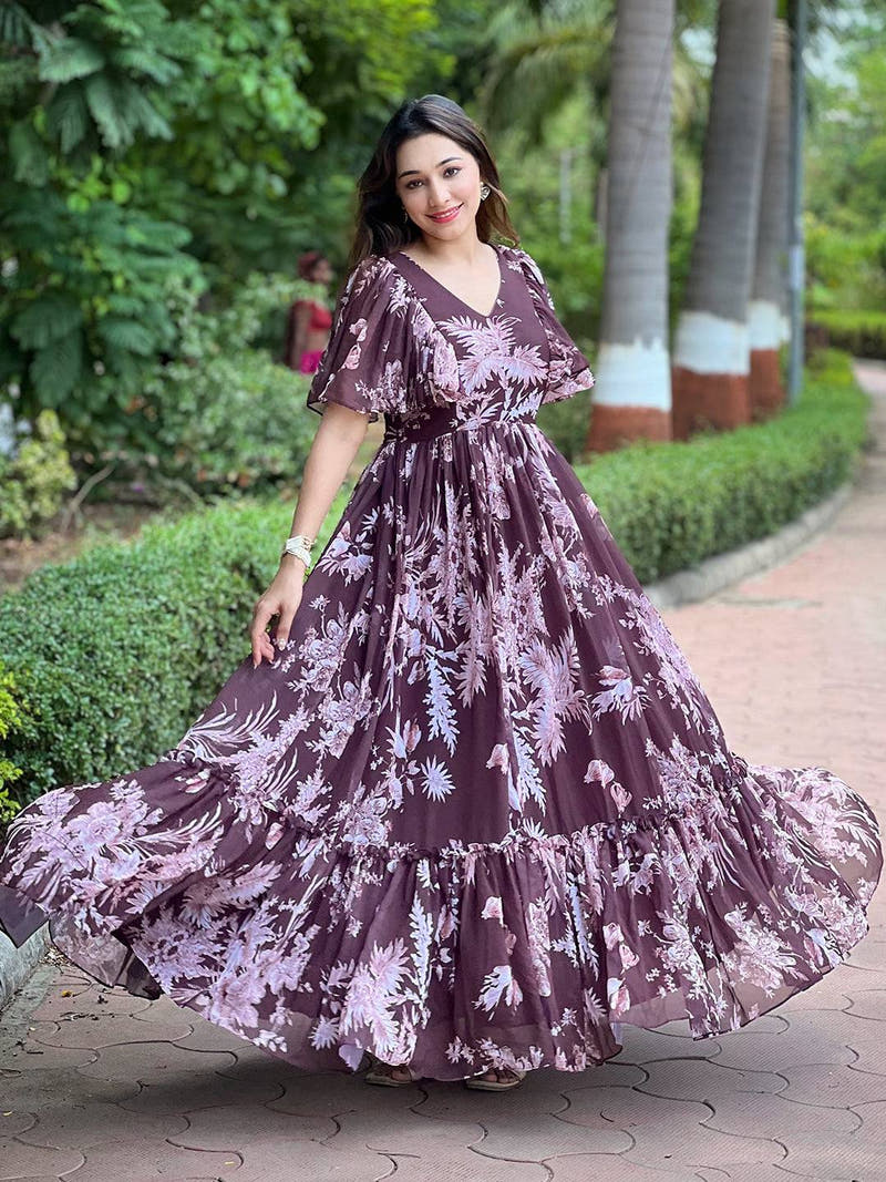 Floral print Antheaa Coffee V-neck Maxi dress