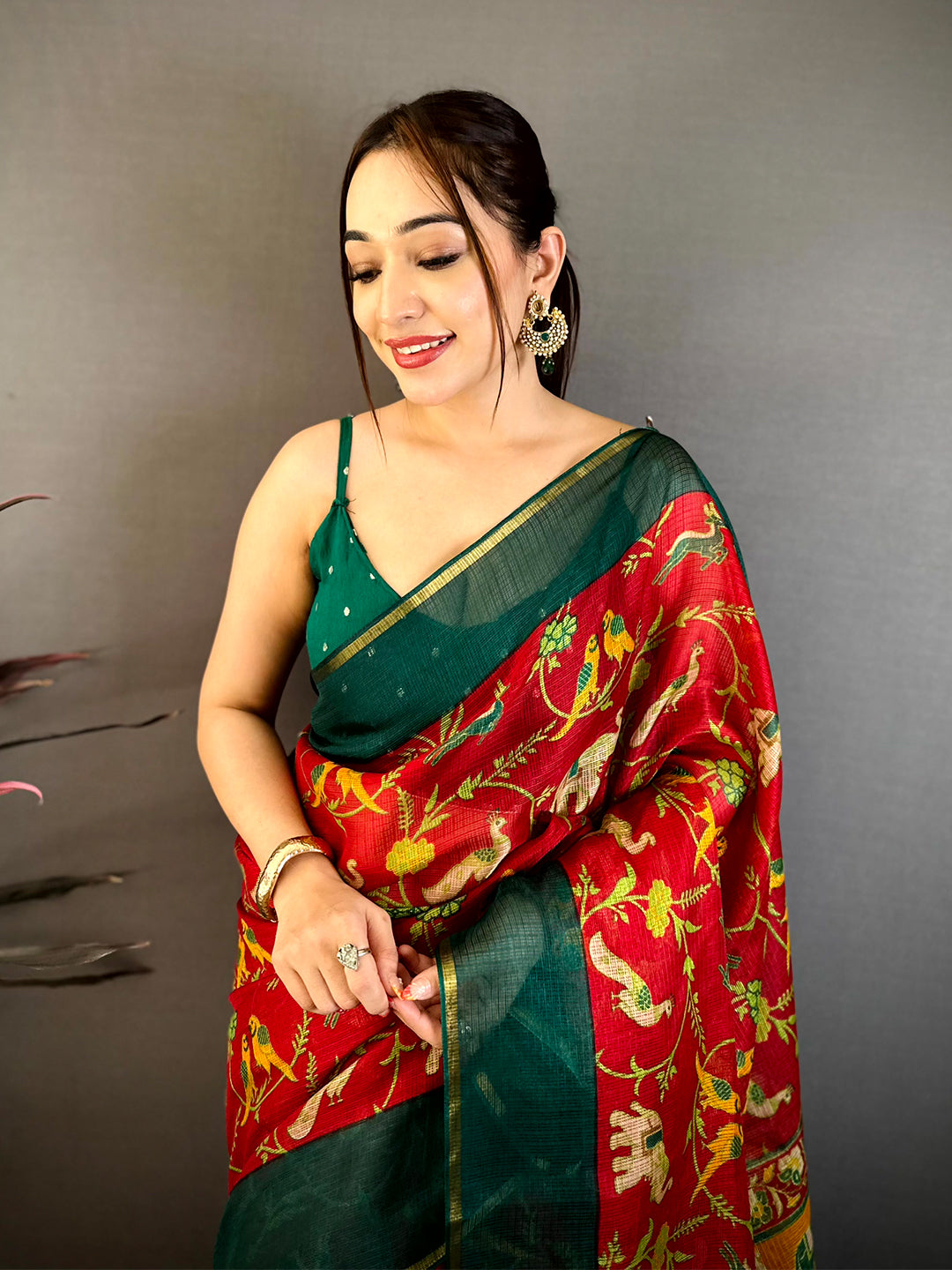 Red Kota Doriya Block Print Saree