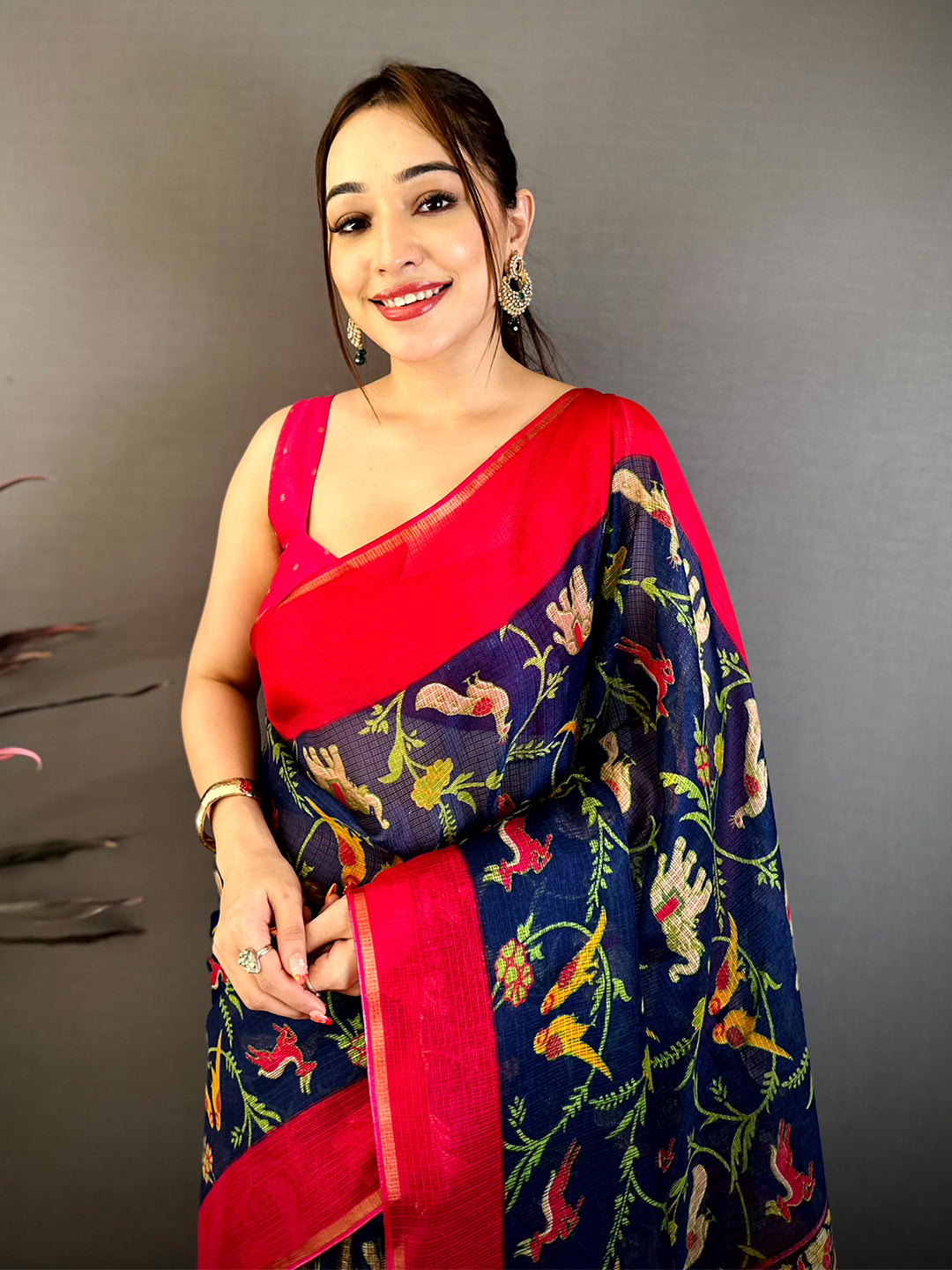 Navy Kota Doriya Block Print Saree