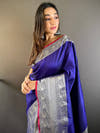 Purple Soft Silk Woven Zari Saree with Silver Border, Pink Edge