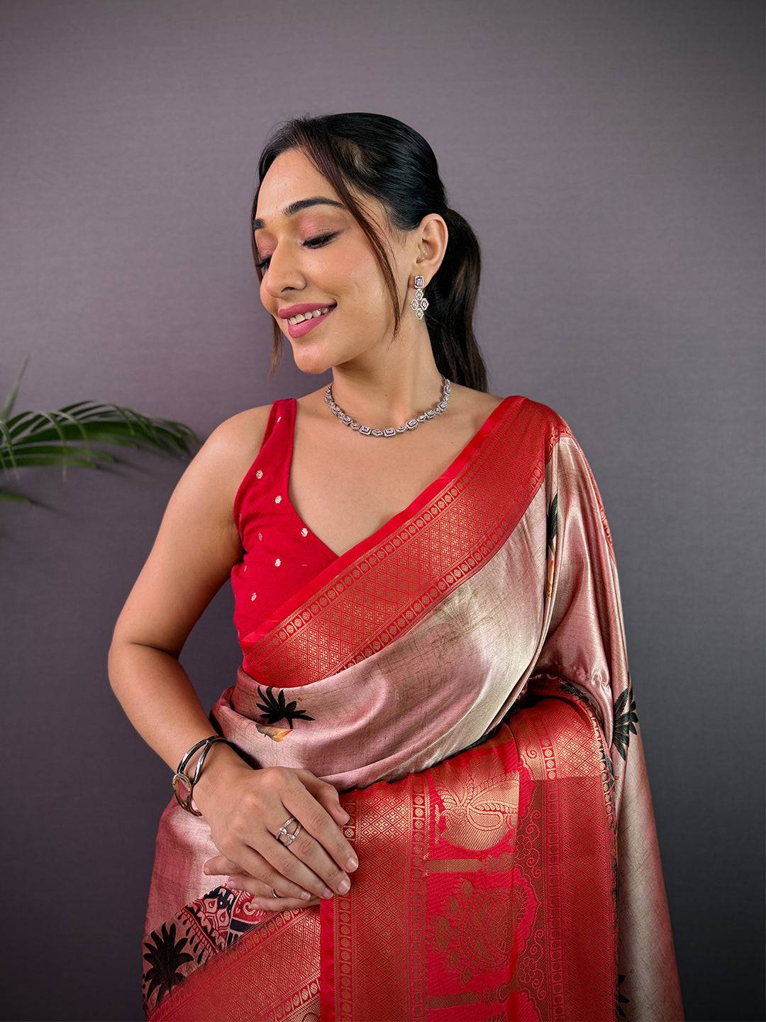 Elegance Soft Cherry Satin Kalamkari Print Saree