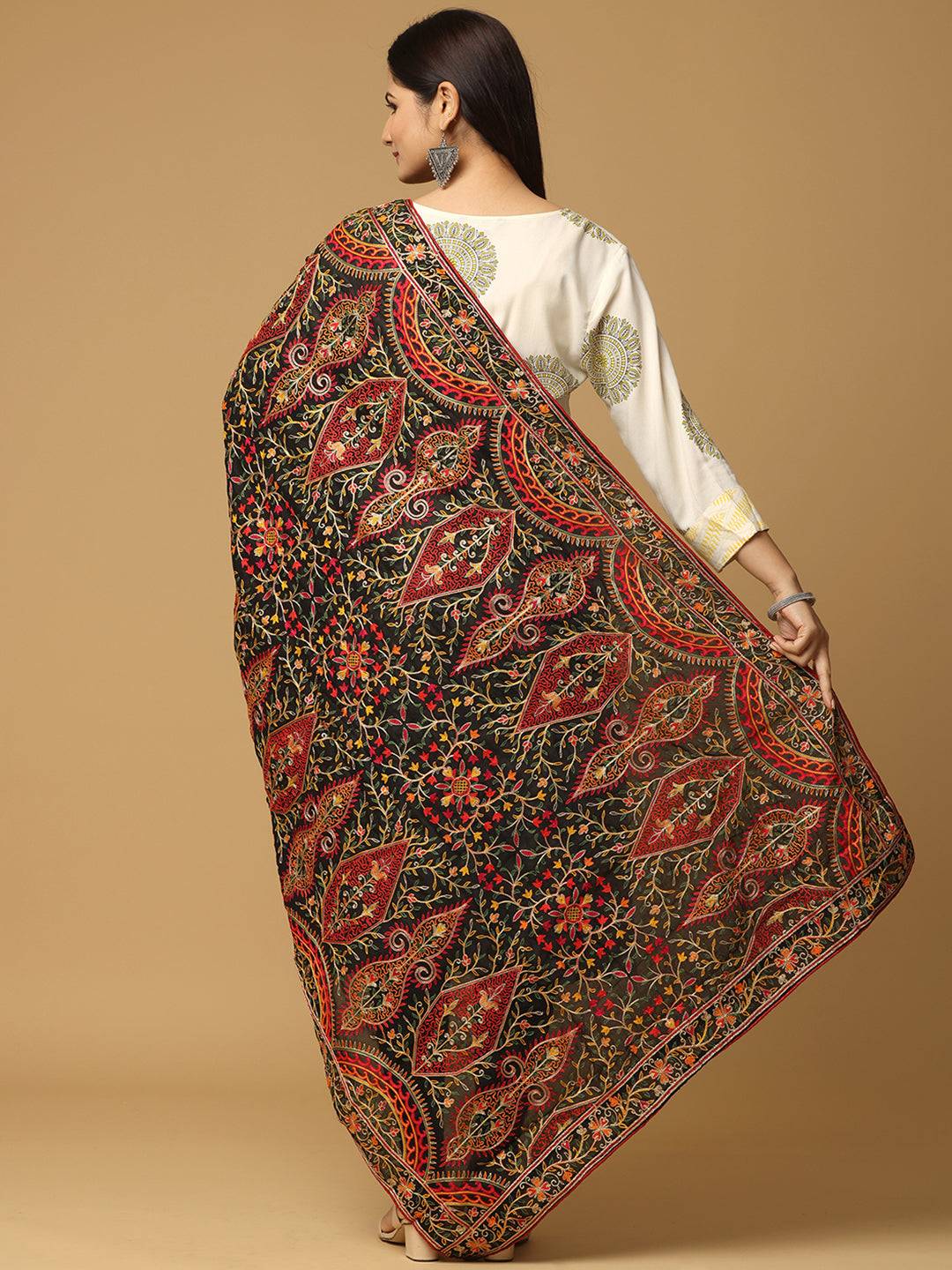 Back view of poly chiffon pashmina dupatta showcasing detailed embroidery.