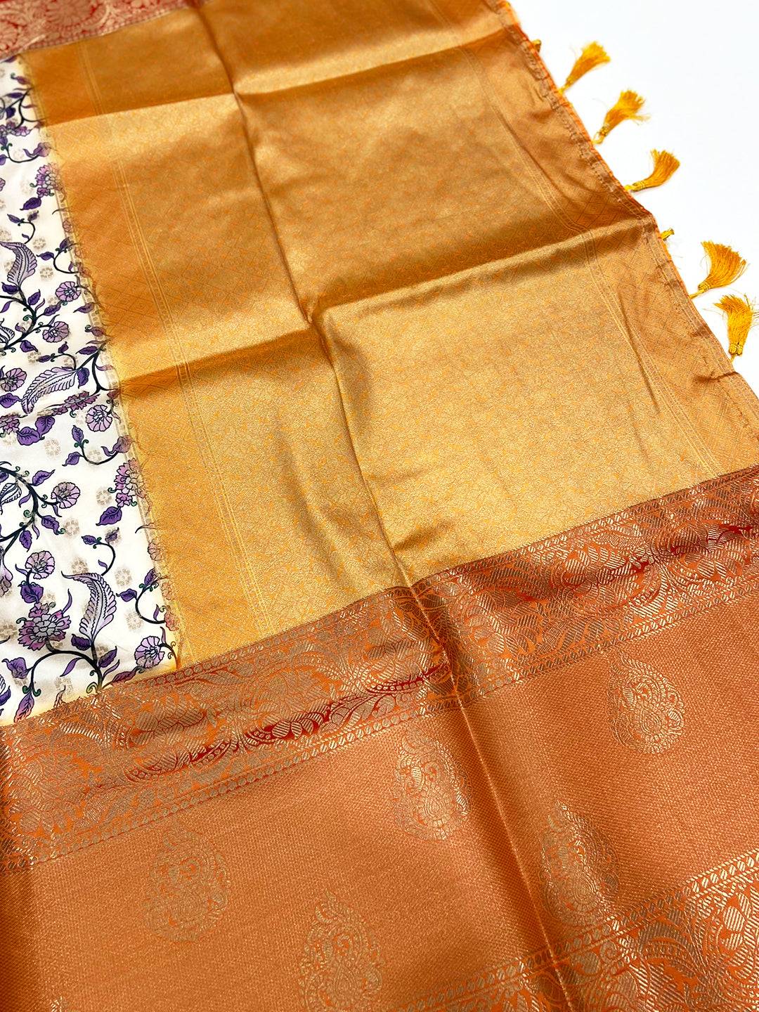 White Floral Printed Banarasi Silk Saree