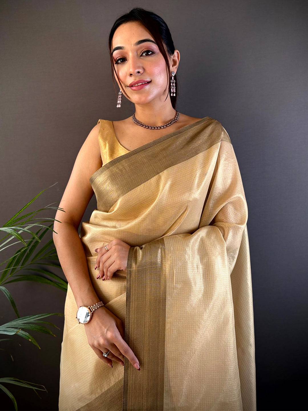 Gold Banarasi Tissue Silk Butti Design Saree