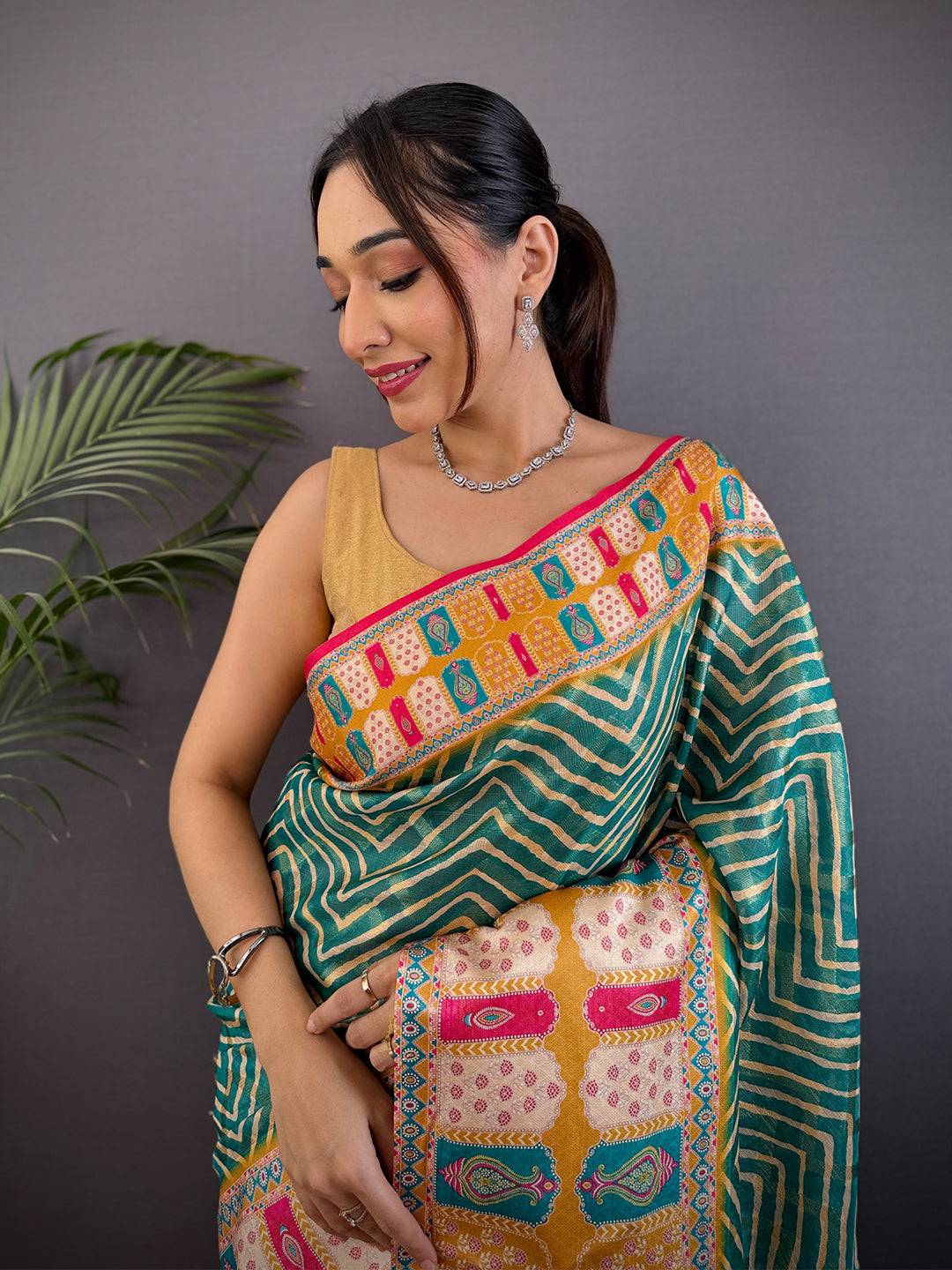 Teal Green Madhubani Print Soft Silk Saree