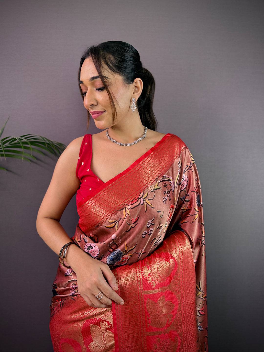 Ethereal Soft Cherry Satin Kalamkari Print Saree