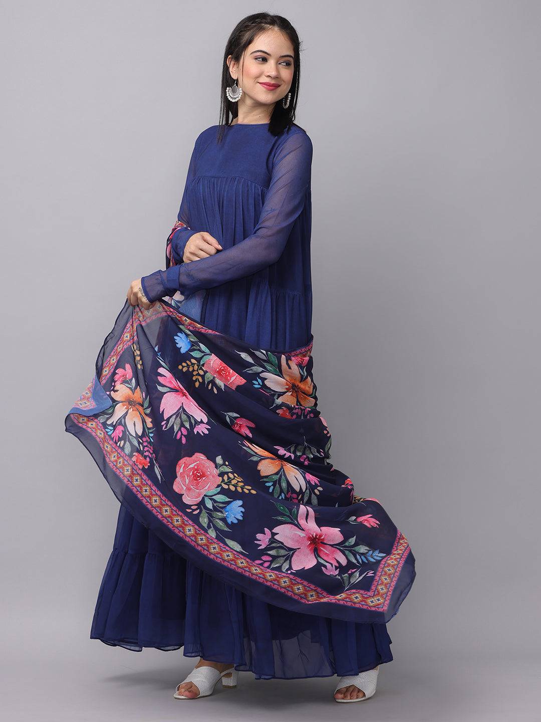 Flowing Royal Sapphire Blue Dress with floral accents
