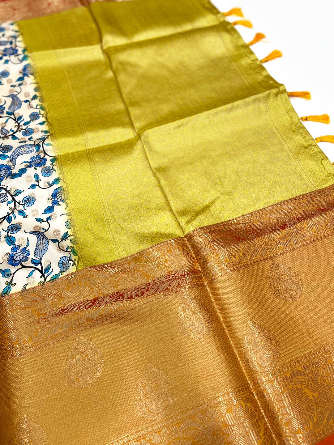 Peach Floral Printed Banarasi Silk Saree