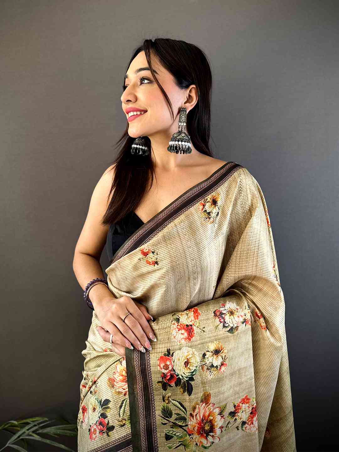 Floral Beauty in Beige Tussar Zari Saree
