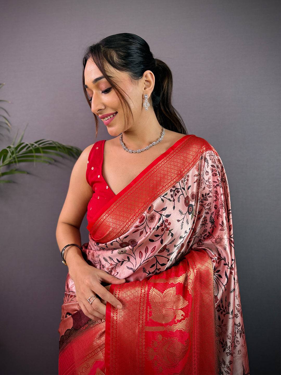 Radiant Soft Cherry Satin Kalamkari Print Saree