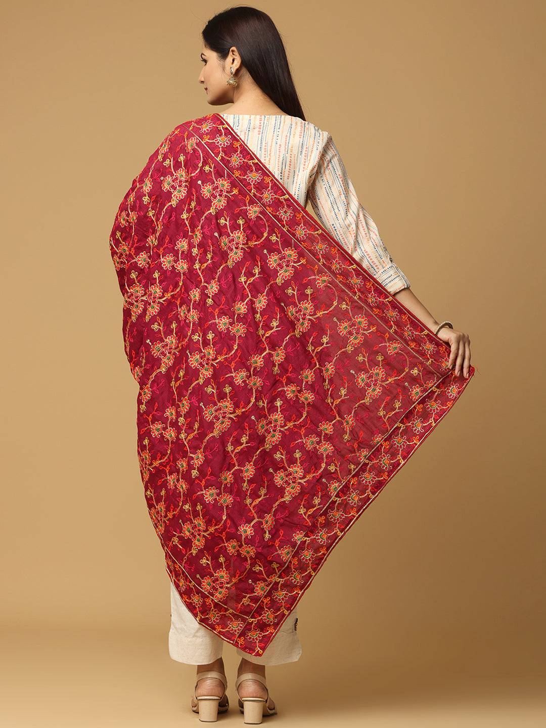 Back view of wine color pashmina threadwork dupatta