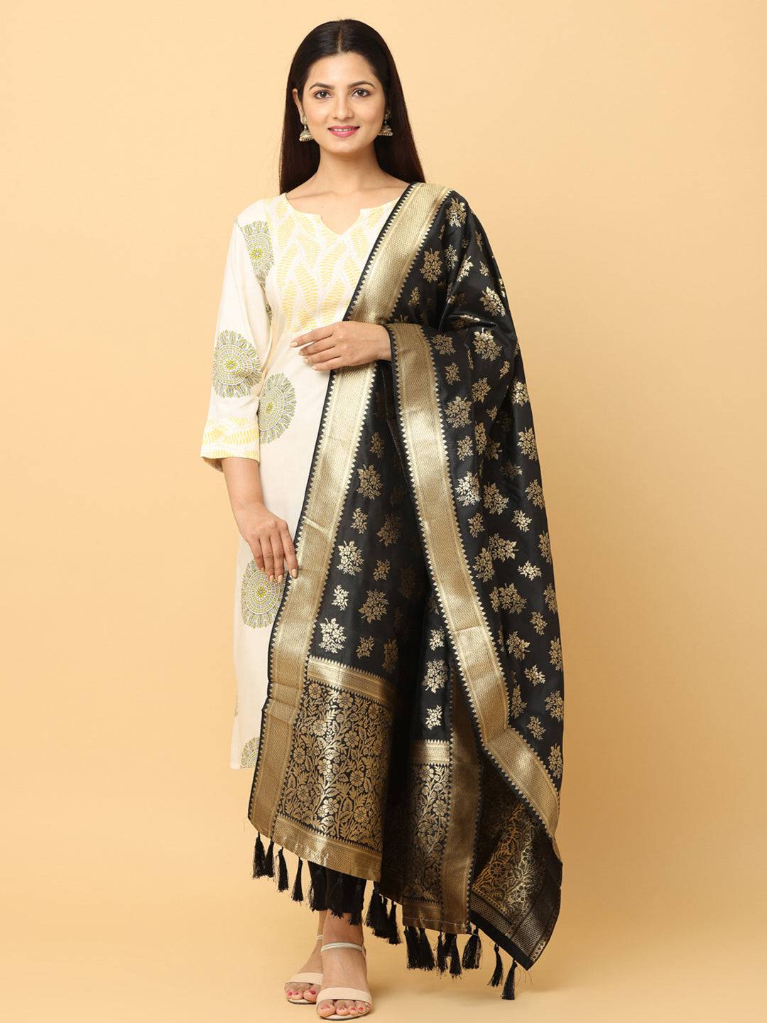 Elegant black silk blend dupatta with gold floral motifs.