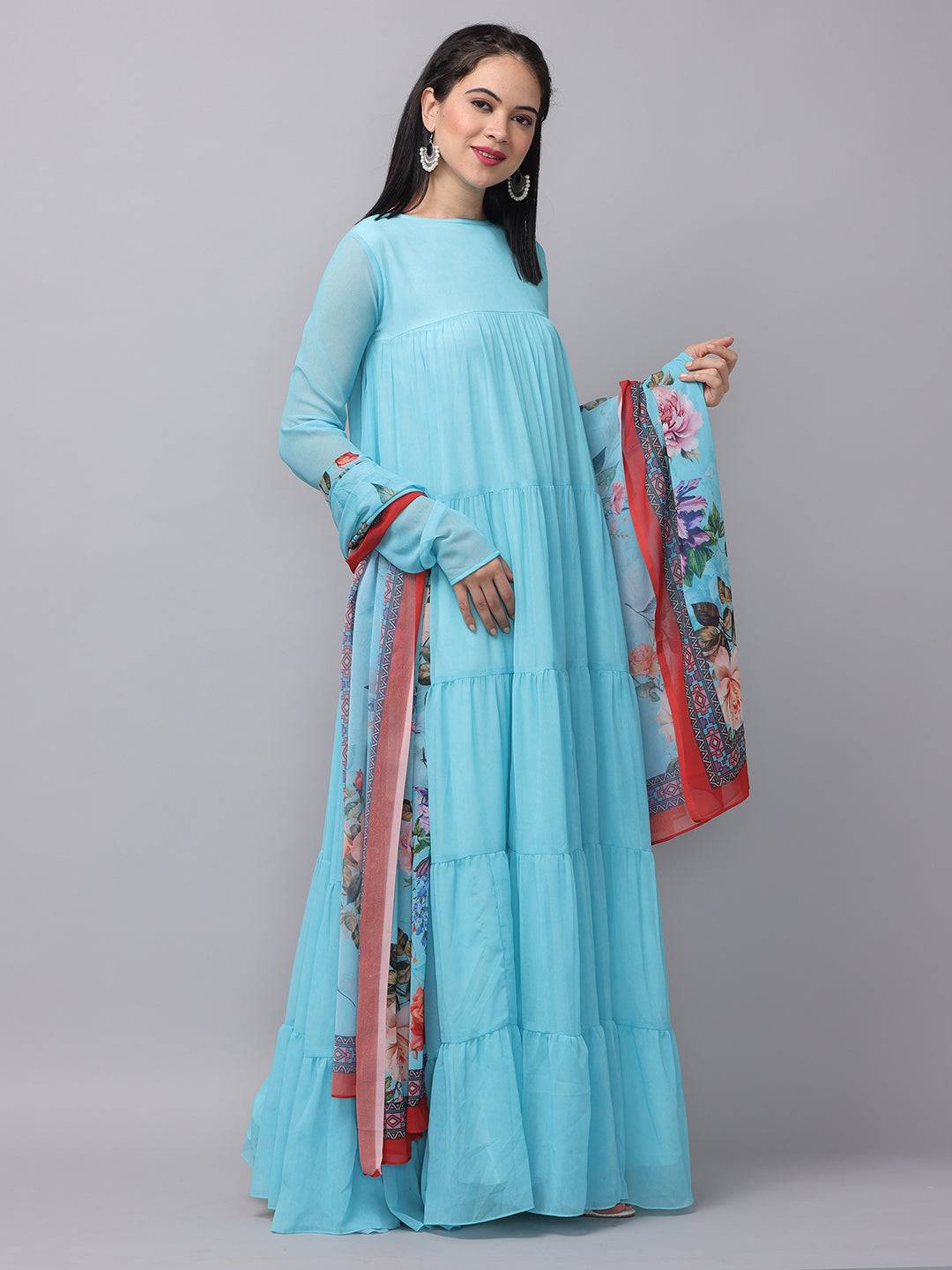 Elegant powder blue dress with floral dupatta, front pose