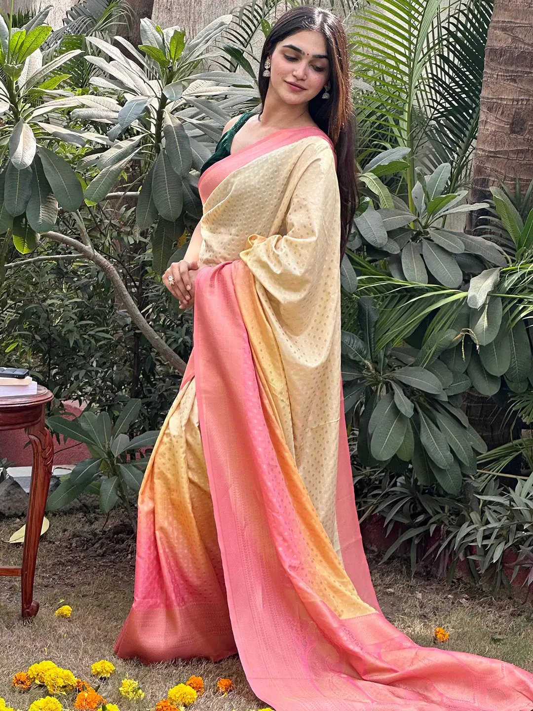 Elegant Banarasi Ombre Saree worn outdoors