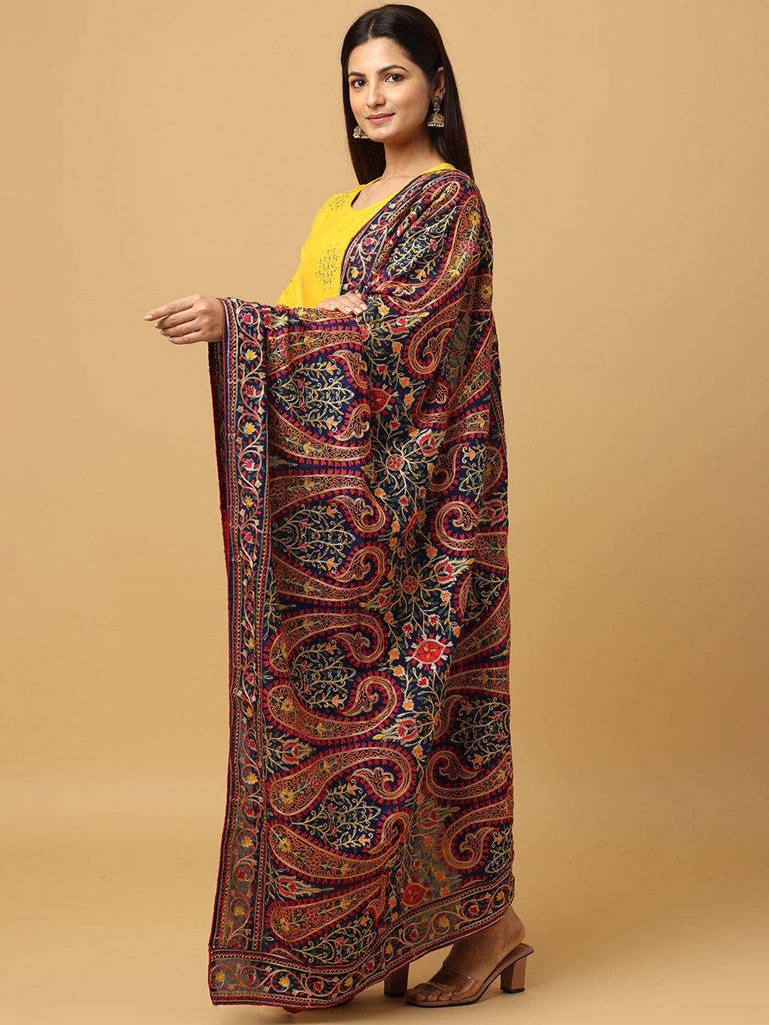 Side view of Navy Poly Chiffon Pashmina Dupatta with detailed design