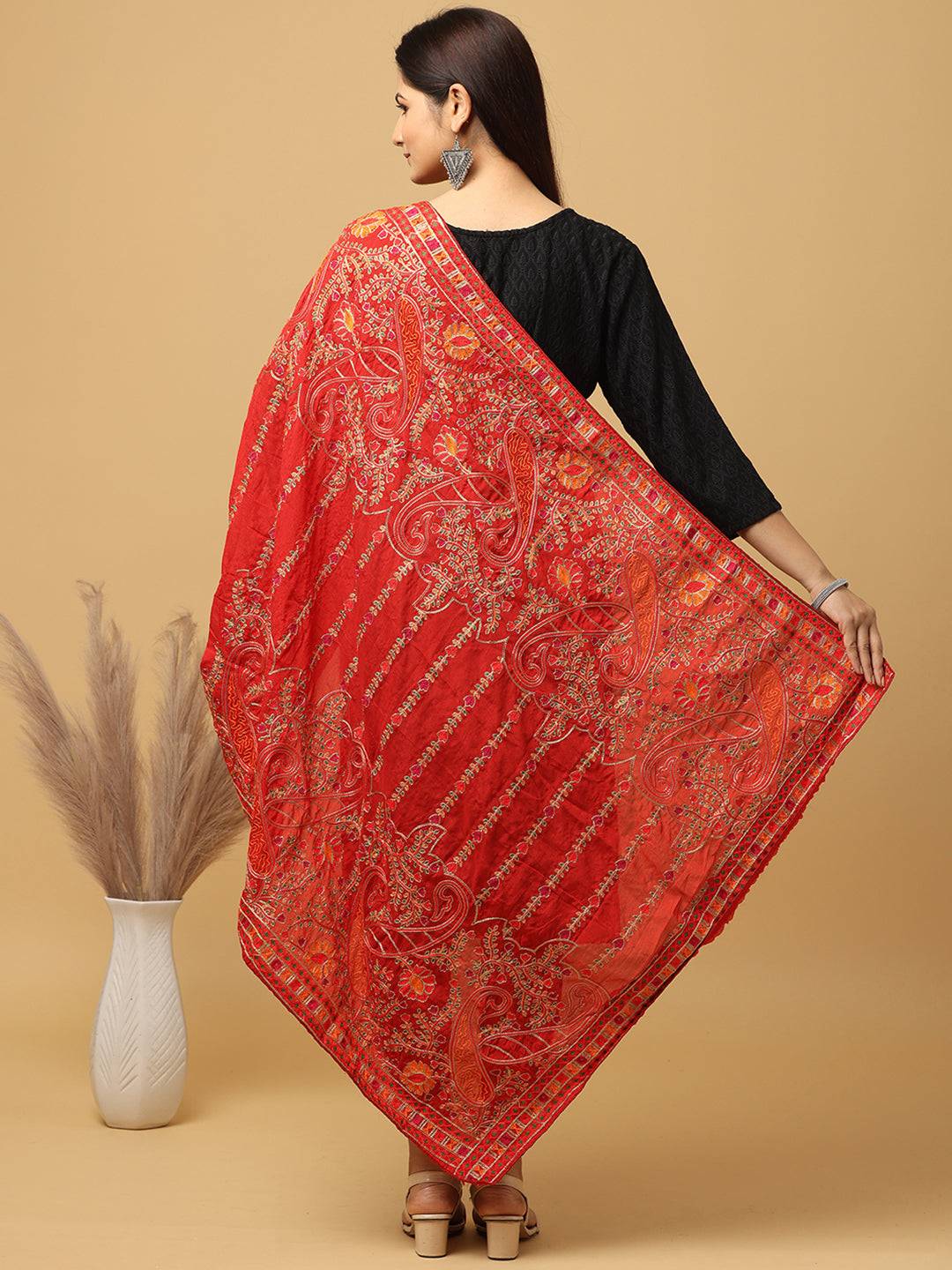 Back view of red poly chiffon pashmina dupatta