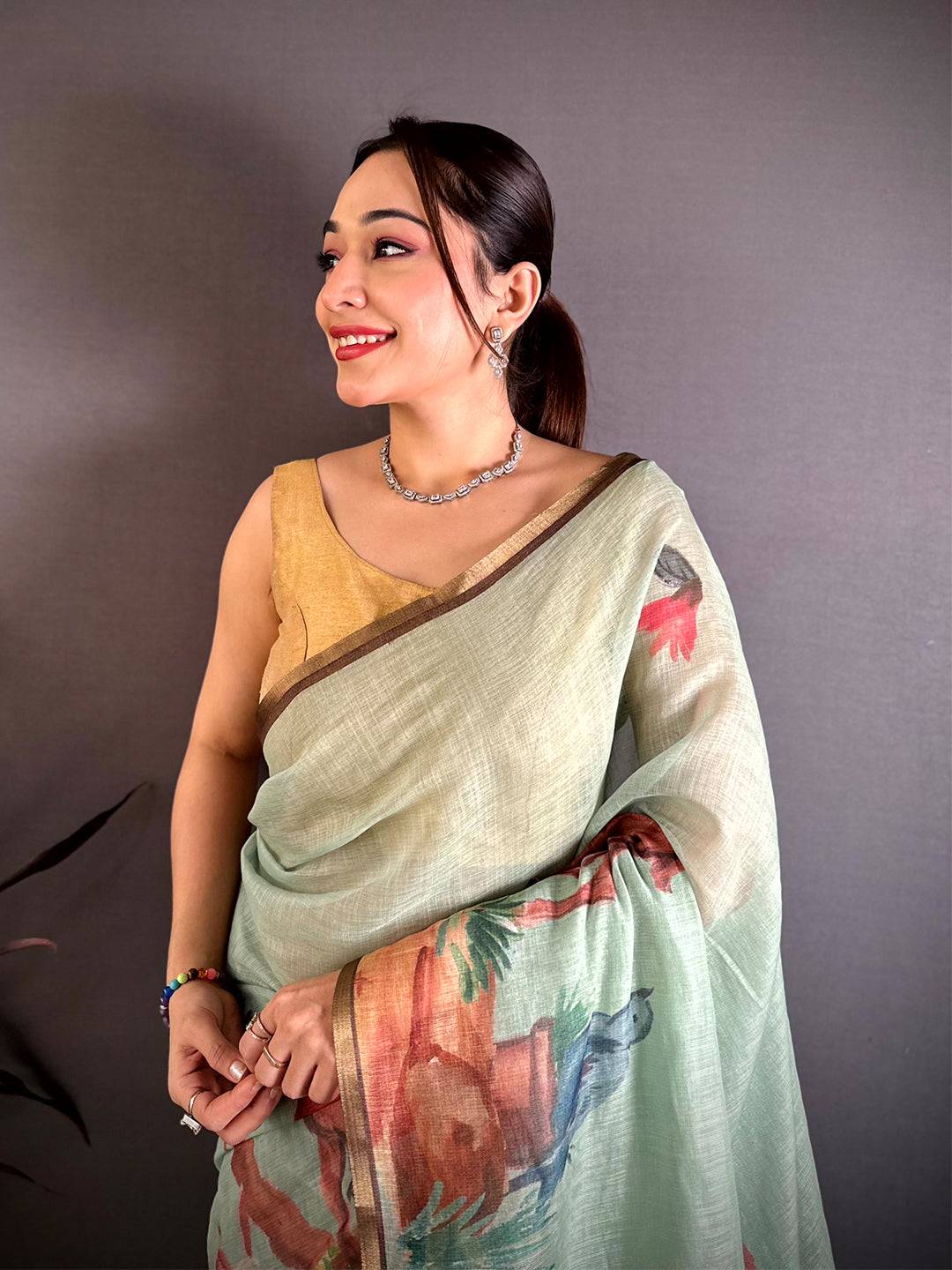 Mint Green Animal Print Linen Chanderi Saree