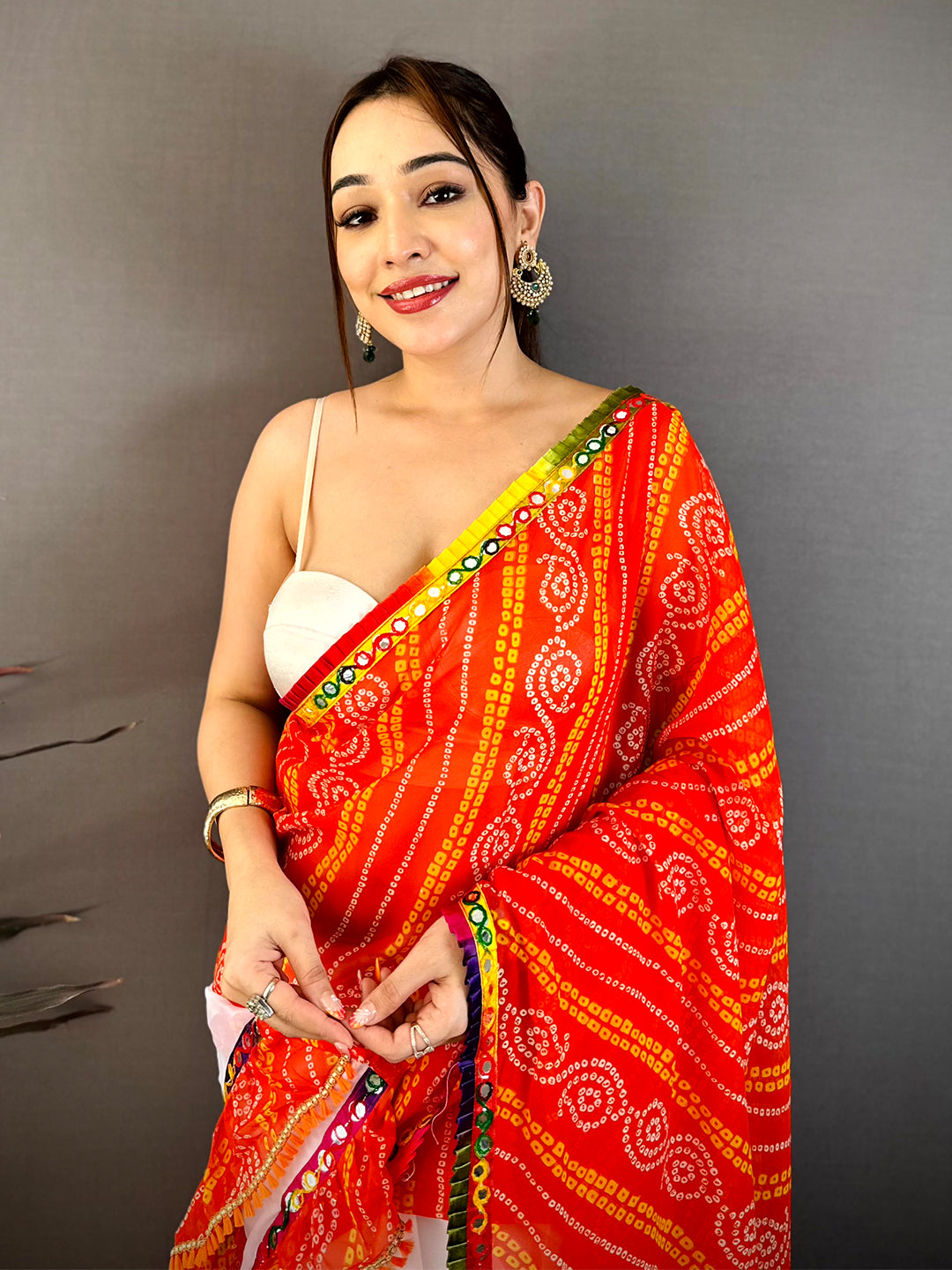 Stylish Bandhej Print Ruffle Georgette Saree