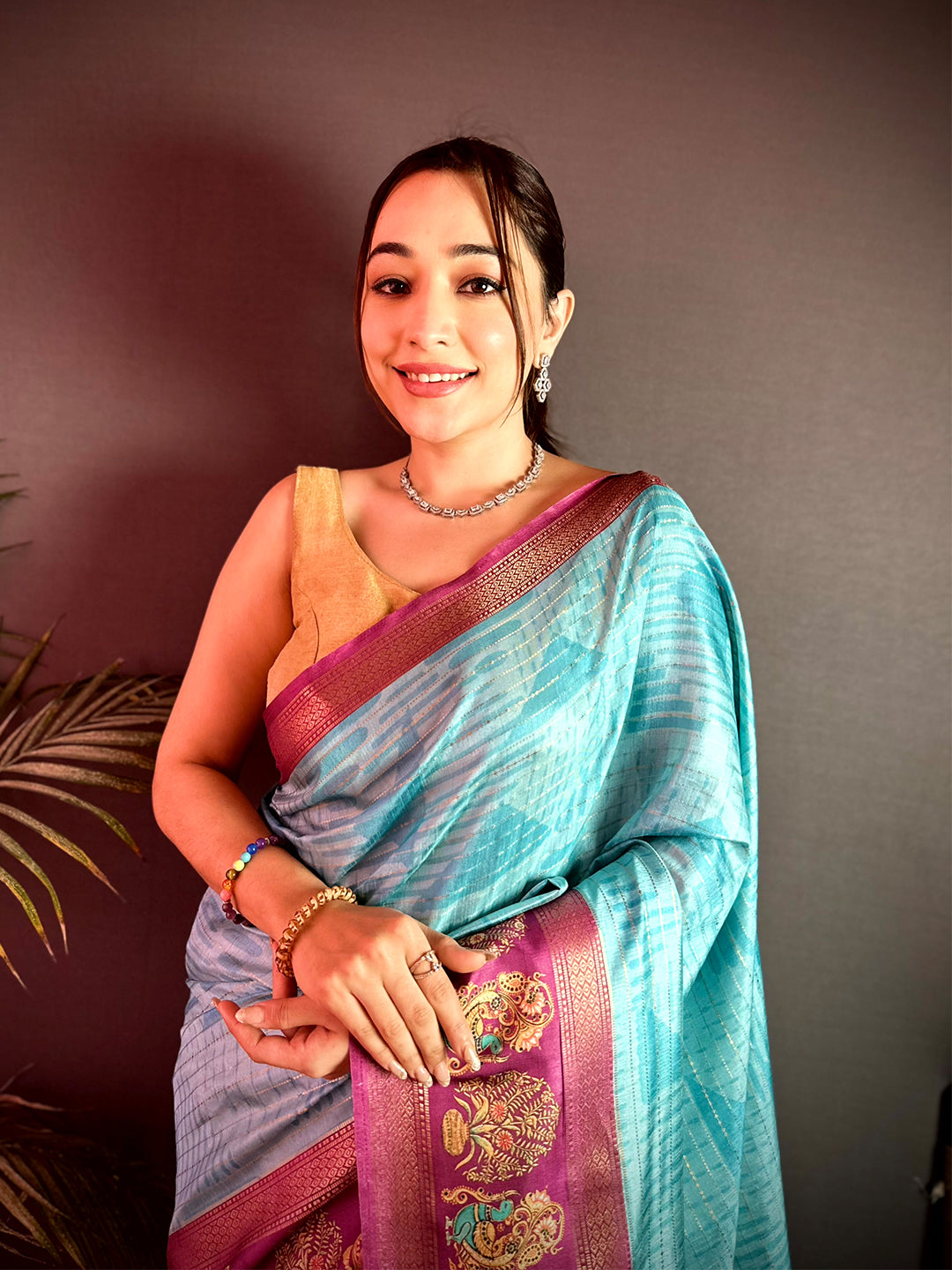 Opulent Tanjore Geometric Semi Silk Saree