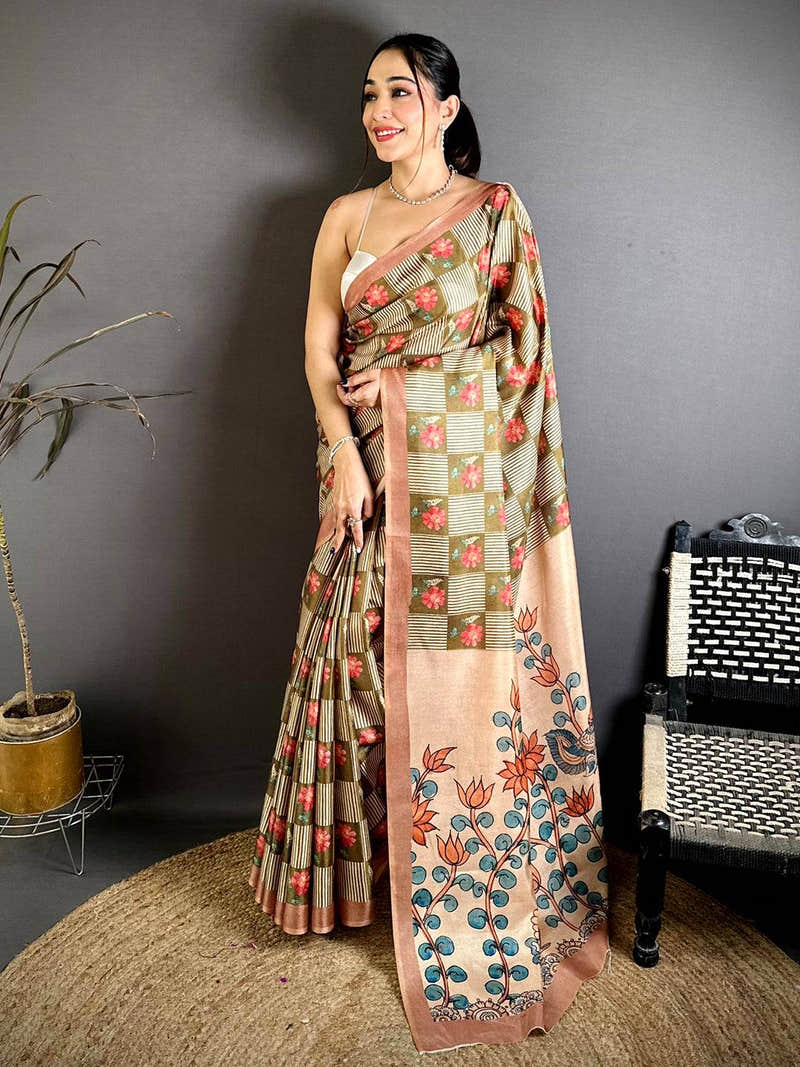 Soft Tussar Striped Check Print Saree